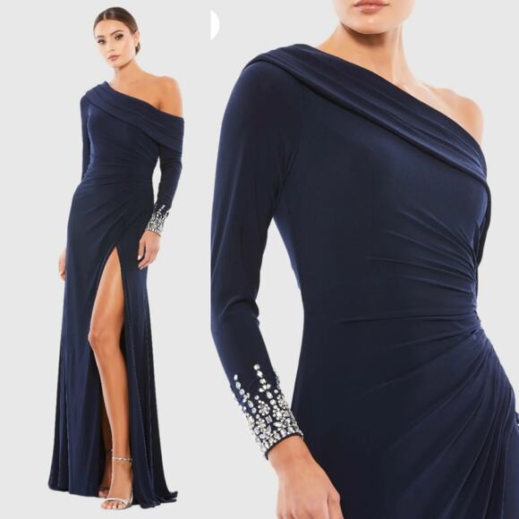 Mac Duggal 12231 Midnight Navy Blue 6 Long Sleeve Formal Maxi Gown Dress - Picture 1 of 10